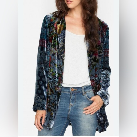 Johnny Was Jacket Velvet Burnout Floral Patchwork Blue Boho Blazer silk blend - Picture 1 of 8